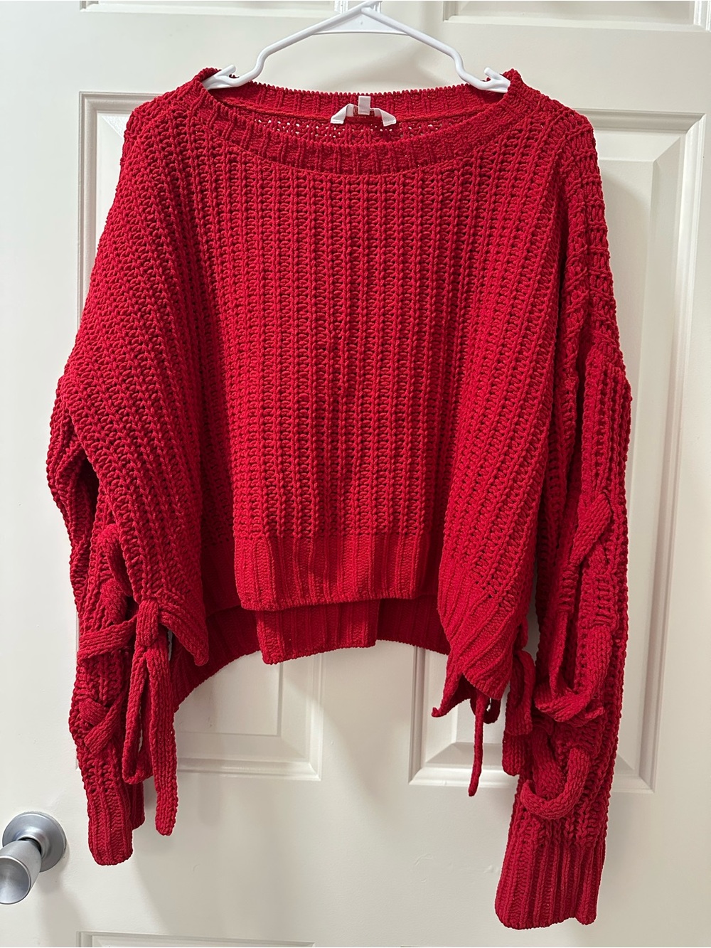 Red Knit Tie-Sleeve Cropped Sweater